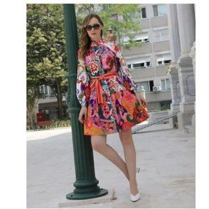 NWT Dalia MacPhee Floral Print Colorful Dress Bell Sleeves.  SZ M